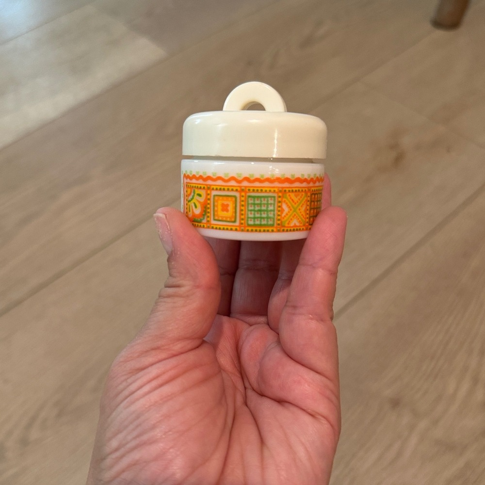 Vintage Avon Patchwork Cream Sachet Milk Glass Jar Orange Green 70s Collectible